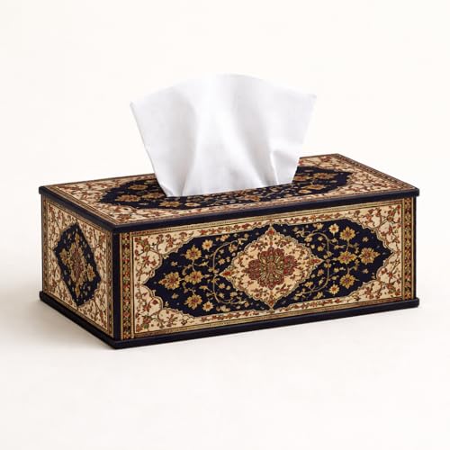 Image of Dark Blue Classic Persian Floral Tissue Box Holder Wooden Decorative Tissue Box Cover for Home & Office 6.5x5x3 Inch