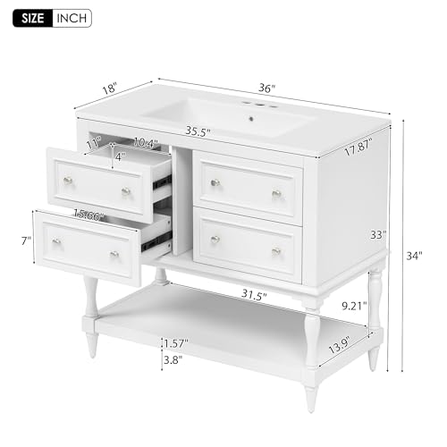 36\'\' Bathroom Vanity with Single Sink, Freestanding Sink Cabinet with 4 Drawers and Open Shelf, Solid Wood Frame Bathroom Storage Cabinet - Thumbnail 2