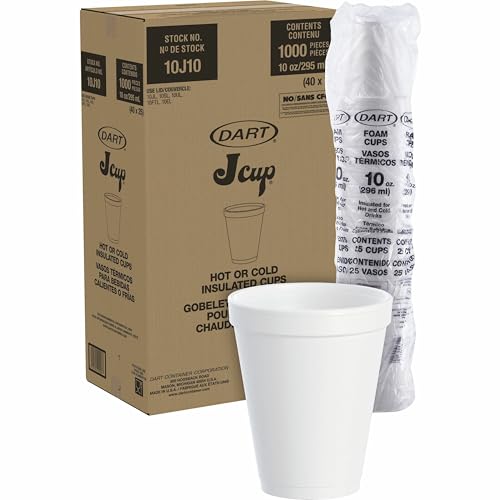 Dart 10J10 Foam Drink Cups, 10oz, White, 25 Per Bag (Case of 40 Bags)
