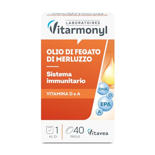 Olio di Fegato di Merluzzo - Ricco di Omega 3 - EPA e DHA - Sistema Immunitario - Salute delle Ossa - 560mg Olio di Pesce - Vitamina A e D - 40 Perle Marine - Vitarmonyl