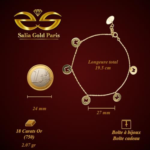 18-karatowa bransoletka z żółtego złota 2,01 g 750/1000 g – cienka i elegancka bransoletka z okrągłymi zawieszkami w kształcie motyla Salia Gold Paris