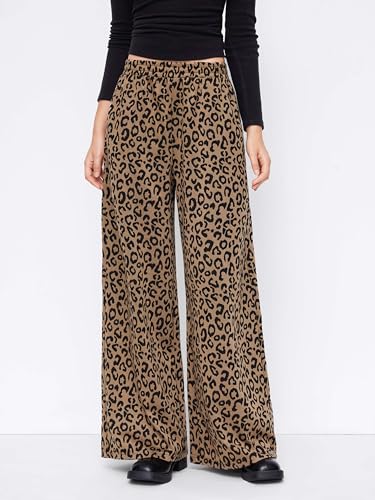 Image of CIDER Women Leopard Print Wide Leg Lounge Pants Sweatpants Elastic Waist Casual Trousers with Pockets