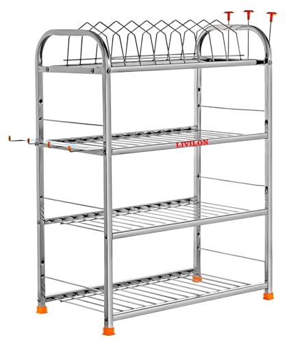 Image of L LIVILON 4 Layer Wall Mount Kitchen Utensils Dish Rack | Stainless Steel Stand | Dish Stand /Holder | Kitchen Organizer | Utensils Rack with Plate (24 * 18), Tiered Shelf