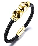 HALUKAKAH ● Assassino ● Bracciale Uomo in Vera Pelle Cuoio con Testa del Cranio in Titanio Acciaio Oro 8.46"(21.5cm) con Pacco Regalo Gratuita(Nero/Oro/Argento)