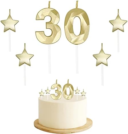 30th Birthday Candles for Cake - Number 30 & 3 & 0 Birthday Candles and Glitter Star Birthday Candles 2 Inch 3D Diamond Shape Number Candles for Birthday Party Anniversary Kids Adults(Gold)