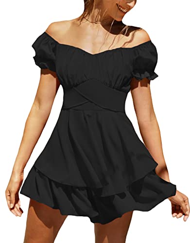 LYANER Women's Tie Back Off Shoulder Wrap Layer Ruffle Short Sleeve Mini Dress Black Large