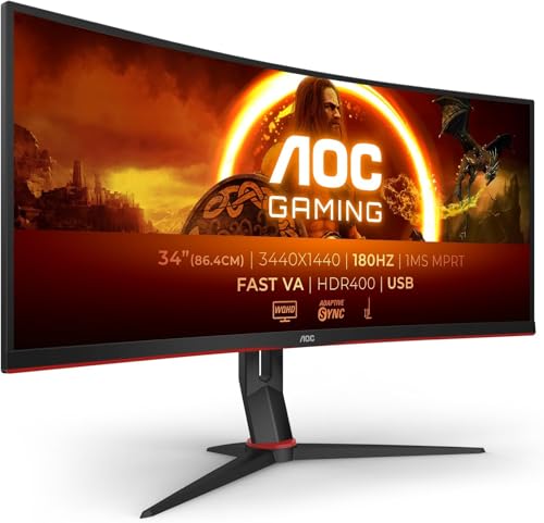 AOC CU34G2XP/BK Gaming Monitor - 34 WLED Curved Monitor - 180Hz Refresh Rate 5ms Response Time (Renewed)