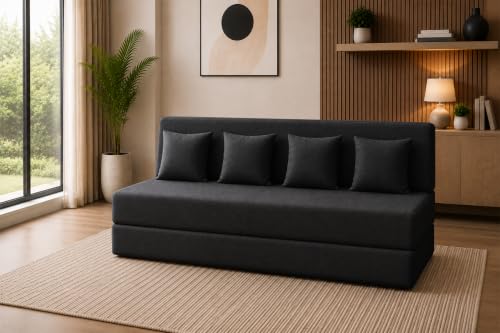 Image of Sofa Cum Bed with Jute Fabric, Convertible Four Seater Sofa Bed 6x6 Ft, Comfortable Cushioned Seating, Space Saving Design for Living Room, Bedroom & Guest Room - Black Color