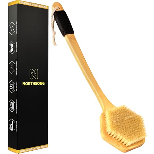 NORTHSONG Large Head Bath Brush, 17.72" Extra-Long Curved Bamboo Handle & Boar Bristles, Back Scrubber for Exfoliating - Ideal for Elderly, Shoulder Pain, Gift Ready