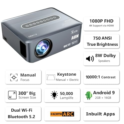Image of AUN X1 1080p Native Resolution Projector for Home 4K 9000 Lumen (790 ANSI) Android Certified 5G WiFi Bluetooth Inbuilt Netflix PrimeVideo Hotstar Dolby 8W Speaker HDMI ARC USB 300 inch Max Display