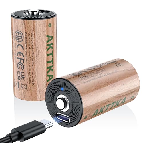 AKTTKA Pilas C Recargables 1,5V 7200mWh, Batería C Litio de Alta Capacidad con Cable de Carga Tipo C, Baja AutoDescarga, Pilas Recargables Tipo C / R14 / LR14 (2 Piezas)