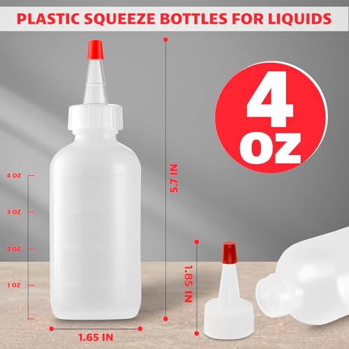 BURIUS 6-Pack 4oz Small Squeeze Bottles for Liquids – Clear Condiment Squeeze Bottles for Sauces, Ketchup, Mustard, Oil, Syrups, and Dressings with Measuring Scale – Easy-to-Use & Leak-Proof