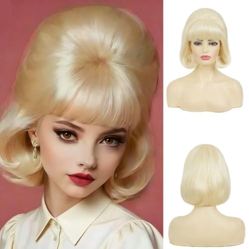 Amnenl Blonde Beehive Wigs for Women Short Curly Retro Wig With Bangs 50s 60s Bouffant Cosplay Costume Party Halloween Hair Wig