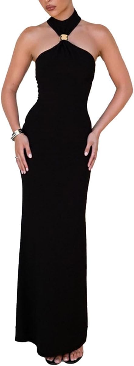 ABINGOO Women Sexy Halter High Neck Maxi Dress Sleeveless Back Slit Elegant Party Cocktail Wedding Guest Formal Long Dresses