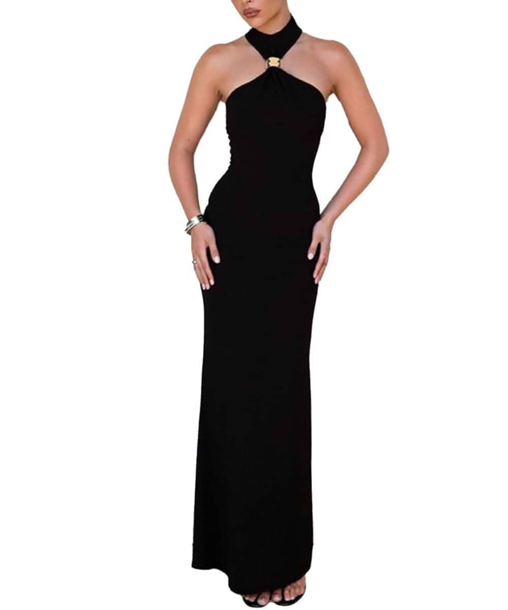 ABINGOO Women Sexy Halter High Neck Maxi Dress Sleeveless Back Slit Elegant Party Cocktail Wedding Guest Formal Long Dresses Sleeveless