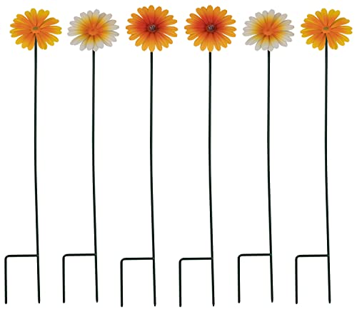 Woodside Ornamental Metal Daisy Stakes, Yellow & Orange Novelty Flowers for Garden Borders & Pathways, Height 60cm, pack of 6