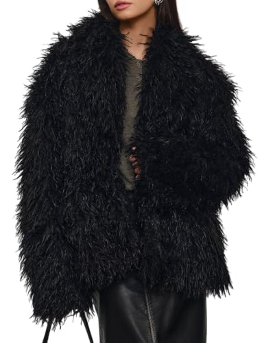 Image of Yimoon Womens Faux Fur Coat Lapel Winter Fluffy Faux Fur Jackets(Black-M)