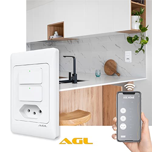AGL Interruptor com 02 teclas + tomada WiFi inteligente, compativel com Alexa, bivolt, Branca