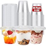 Clawsoff 50 Pack 9 oz Disposable Clear Plastic Parfait Cups with Flat Lids, Yogurt Parfait, Putting Cups for Cake, Cold Drink, Ice Cream, Fruit, Salad