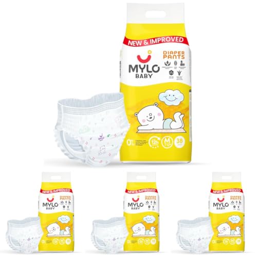 Image of Mylo Baby Diaper Pants Medium (M) Size 7-12 kgs (38 count) Leak Proof | Lightweight | Rash Free | Upto 12 Hours Protection | ADL Technology | with Aloe Vera Lotion (Pack of 4)