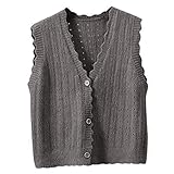 Qiribati Womens Knitted Cardigan Solid Color Pullover Vest Sweet Sweater Gilets Wavy Edge Waistcoat Brown