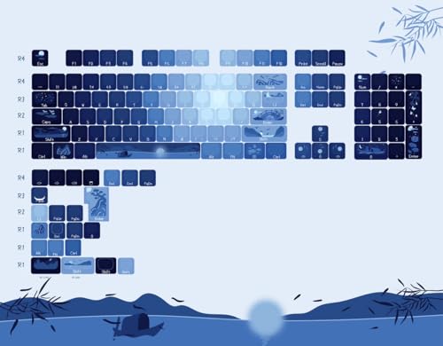 Image of PBT Moonlit Keycaps Custom Dark Blue Shine Through Keycaps Cherry Profile 128 Keys Side Print Key Caps Gradient Blue for Mechanical Keyboards 60% 65% 75% Backlit