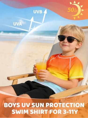 Bivivvy Boys Swim Shirt UPF 50+ Rash Guard Toddler Kids Short Sleeve UV Sun Protection Shirt Quick Dry Swim Top Beach 3-14Y Orange — view 2