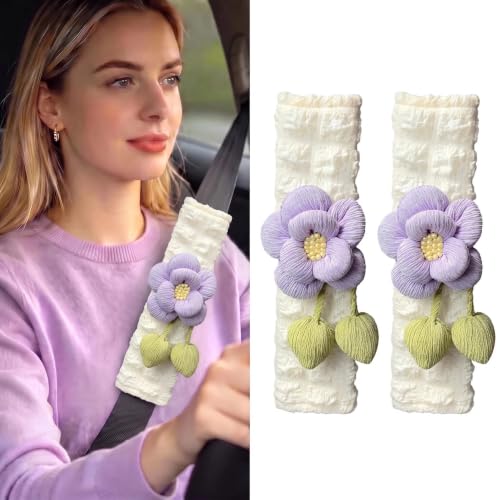 Image of Cute Pink Flower Seat Belt Cover Pads for Women Girls - Soft Plush Seatbelt Cushion, Fun Car Accessories (2, Purple Camellia)