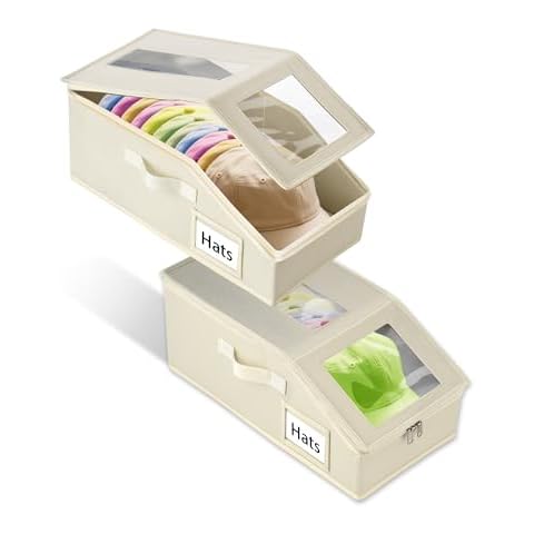 Uawsyut Stackable Hat Storage for Baseball Caps, 2 PCS Hat Storage Boxes for Closet, Holds up to 30 Caps with Cardboard, Hat Organizer for Women & Men(Two Clear Window) (Beige) Cover