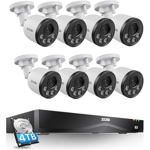 ZOSI 4K Outdoor PoE Surveillance Camera Kit, 16CH NVR 4TB HDD, Human Detection and Instant Alert, Remote Access, Night Vision and 24/7 Recording