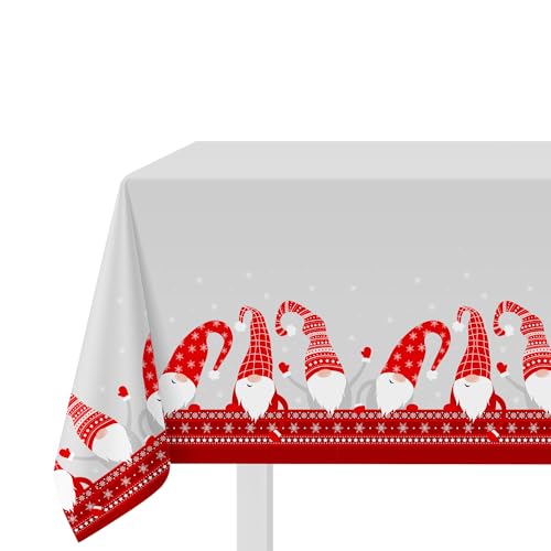 KASANOVA Mantel navideño gris antimanchas con gnomos rojos grises