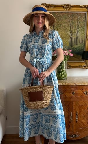 GRACE KARIN Women's 2025 Summer Floral Flowy Dresses Boho Tie Belt Short Puff Sleeve A Line Maxi Shirt Dress with Pocket4