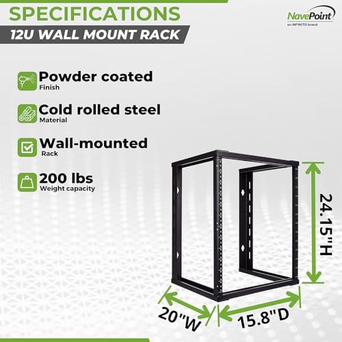 Image of NavePoint 12U Wall Mount Rack - Server Rack for 19 Inch IT Equipment Open Frame Rack - Network Rack for AV & Server Equipment 16 inch Deep Rack, Black