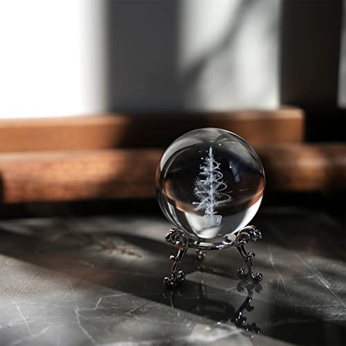 Zeershee 3D Laser Engraved Christmas Tree Paperweights Crystal Ball With Stand 3D Glass Christmas Tree Figurine For Kids Home Party Christmas Decoration (2.3In) #TOP5