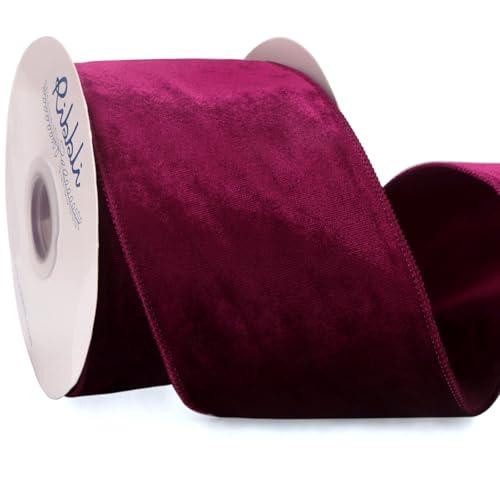 Ribbli Burgundy Velvet Wired Ribbon 4 Inch Velvet with Satin Christmas Ribbon for Gift Wrapping Christmas Tree Decoration Crafts Wreaths Supplies-Continuous 10 Yards