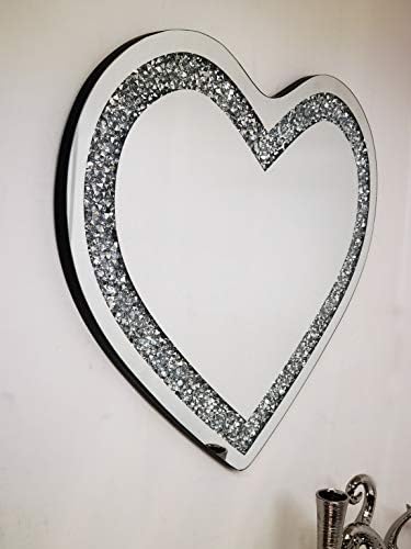 DEENZ Heart Crushed Diamond Crystal Glass Frame Silver Bevelled Wall Mirror Bling Heart Shape 70x80cm