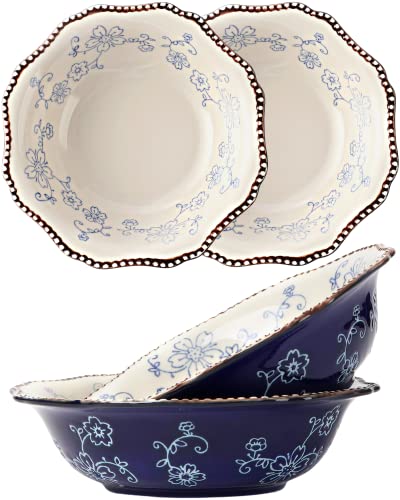 Kunaboo Artisanal Blue Soup Bowls, Dinner Bowls Ceramic, Dinner Bowls Set Of 4-14 Oz - Sakura Floral Series Midnight Blue - Ready To Wrap Gift #TOP7