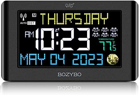 BOZYBO Digital Clock with 6 Alarm Clocks: Atomic Clock with Indoor Temperature Self Time Correction Clock with Day and Date for Elderly Adjustable Brightness Wall Clock or Desk Clock for Bedroom