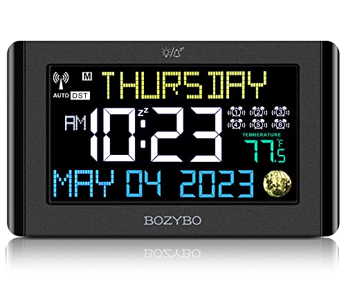 Bozybo Digital Clock With 6 Alarm Clocks: Atomic Clock With Indoor Temperature Self Time Correction Clock With Day And Date For Elderly Adjustable Brightness Wall Clock Or Desk Clock For Bedroom #TOP27
