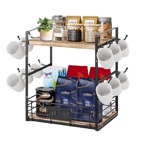 GREENSAPPIRE 2-Tier Coffee Bar Organizer with 12 Mug Hooks – Stylish Countertop Coffee Station Rack for Kitchen, Home & Office Storage