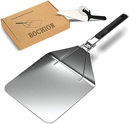 Pizza Peel and Pizza Cutter Set, 12 Inch Stainless Steel Pizza Paddle with 2 in 1 Pizza Slicer Wheel & Server, Non-Stick Pizza Oven Accessories with Foldable Handle for Homemade Pizza Pie Cake Bread
