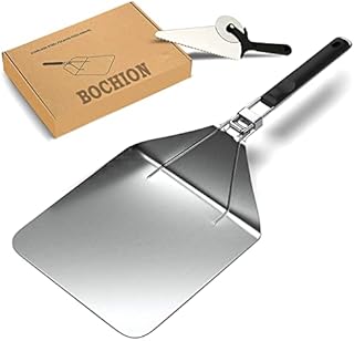 Pizza Peel and Pizza Cutter Set, 12 Inch Stainless Steel Pizza Paddle with 2 in 1 Pizza Slicer Wheel & Server, Non-Stick Pizza Oven Accessories with Foldable Handle for Homemade Pizza Pie Cake Bread