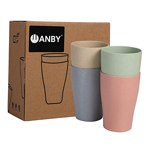 WANBY Wheat Straw Cups Unbreakable Plastic Cup Reusable Drinking Glasses Eco-Friendly Healthy Tumbler Set for Milk Juice Water Dishwasher Safe (4 Pcs 11OZ)