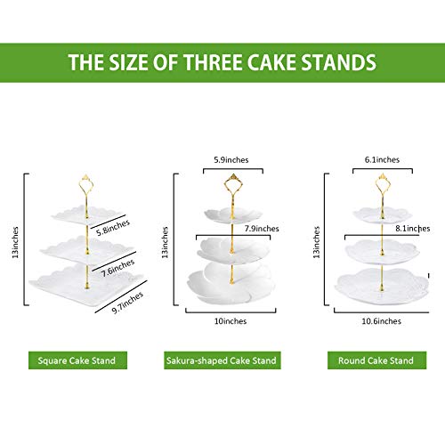 3 Set 3 Tier White Dessert Stands, Plastic Tiered Cake Stands, Fruit Candy Display Includes Square/Sakura-Shaped/Round Dessert Tiered Stand For Wedding Birthday Family Party #TOP3