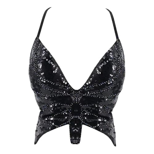 Women's Butterfly Sequin Belly Dance Bra Top Sparkly Beaded Crop Top Sexy Performance Costume Carnival