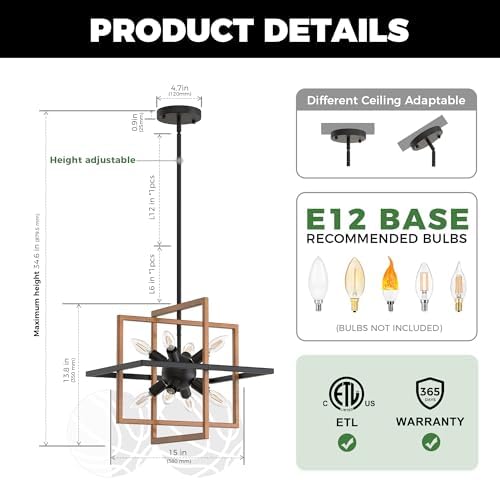 DORESshop 8-Light Wood Grain Sputnik Chandelier, 15 Modern Industrial Adjustable Hanging Light Fixture, Geometric Pendant Light Fixtures for Dining Room Living Room Kitchen Foyer Entryway Island