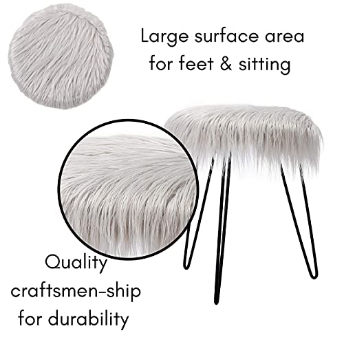 BIRDROCK HOME Round Faux Fur Foot Stool Ottoman with Black Hairpin Legs - Cozy & Stylish Makeup Chair w/Metal Legs - Soft Padded Vanity Seat for Desk, Table in Bedroom, Living Room, Kids Room - Grey