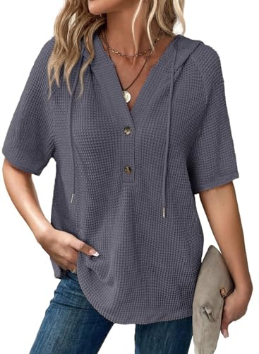 Image of Dokotoo Womens Summer Tops Waffle Knit Short Sleeve Lightweight Drawstring Hoodies Button V Neck Casual Blouses Shirts