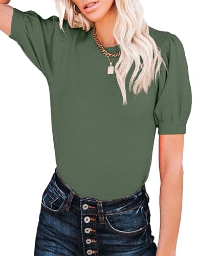 Image of Womens Puff Short Sleeve Sweater Tops Crewneck Basic Knit Pullover Lightweight Casual Sweaters