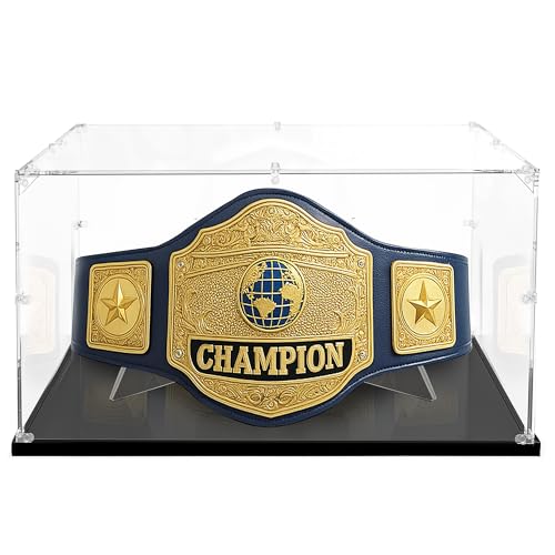 Championship Belt Display Case 24x16x16 Large Acrylic Box with 4mm Ultra-Thick Clear Panel Includes Belt Stand for Wrestling or Boxing Titles